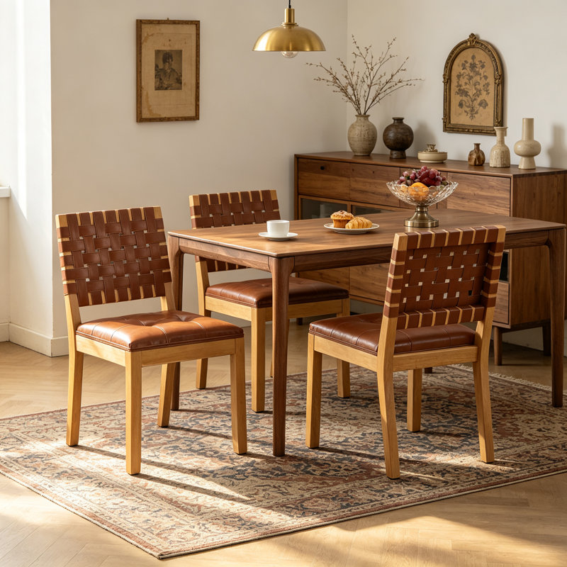 Ensemble de 2 chaises de salle à manger marron de style milieu du siècle, dossier en similicuir tissé, assise capitonnée rembourrée en mousse haute résilience, structure en hévéa massif pour la décoration intérieure