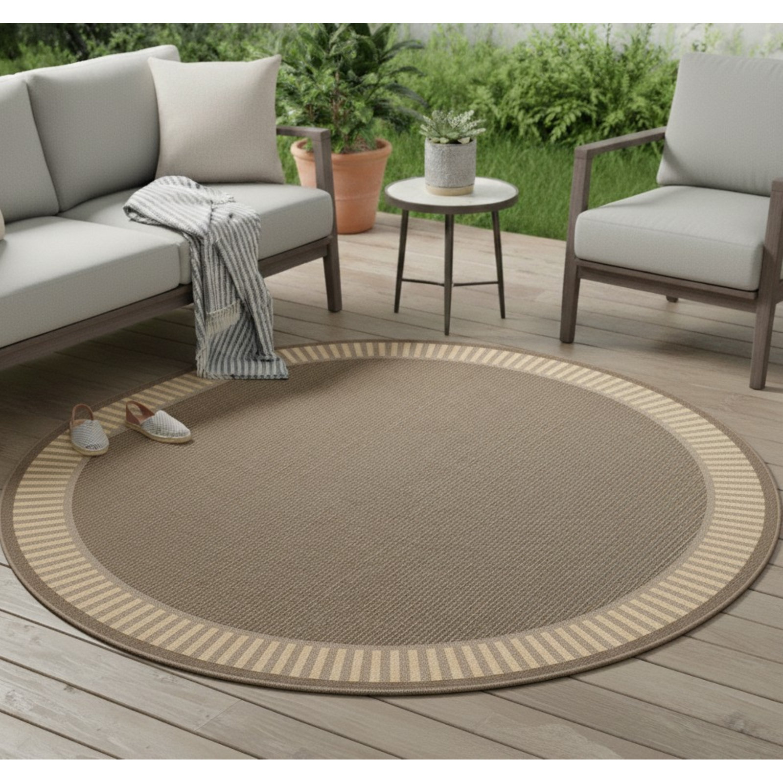 Black Cocoa Brown Flatweave Outdoor Rug, Brown / Tan, Round 7'6"
