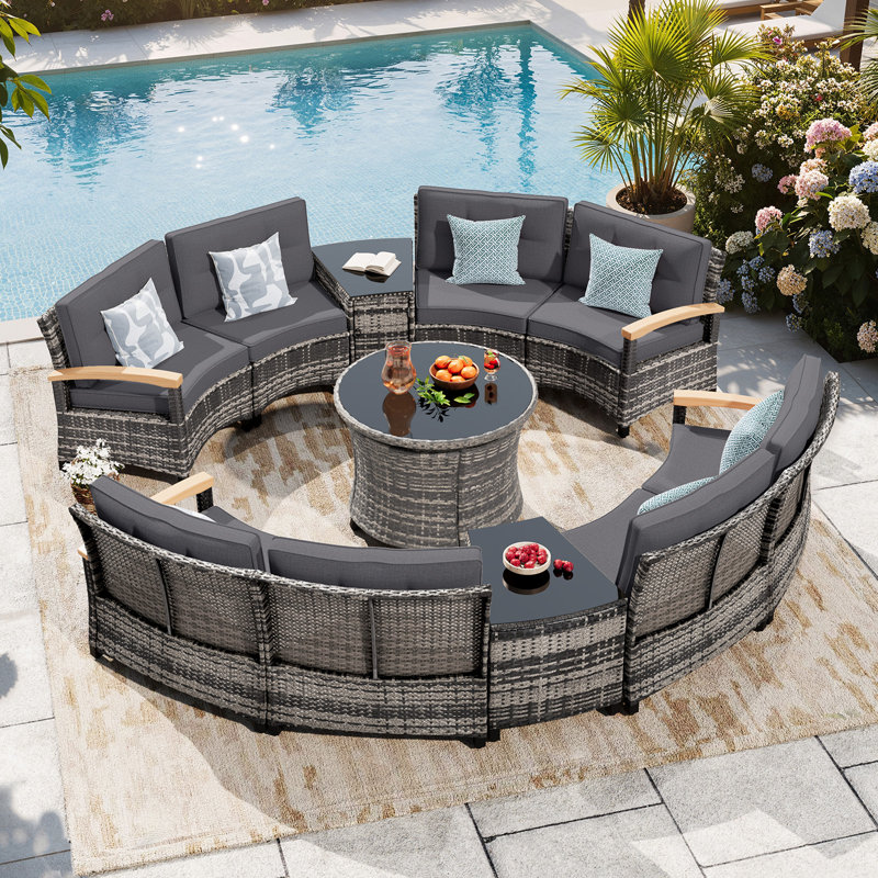  11-Piece Half-Moon Curved Outdoor Patio Furniture Set, Sectional Conversation Sofa With Wood Armrests, Round Coffee Table For Backyard Deck Garden, Grey
