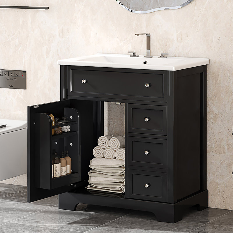 Meuble-lavabo de 30 po avec comptoir d'évier, meuble-lavabo avec porte et deux tiroirs, planches en MDF, bois massif, un paquet