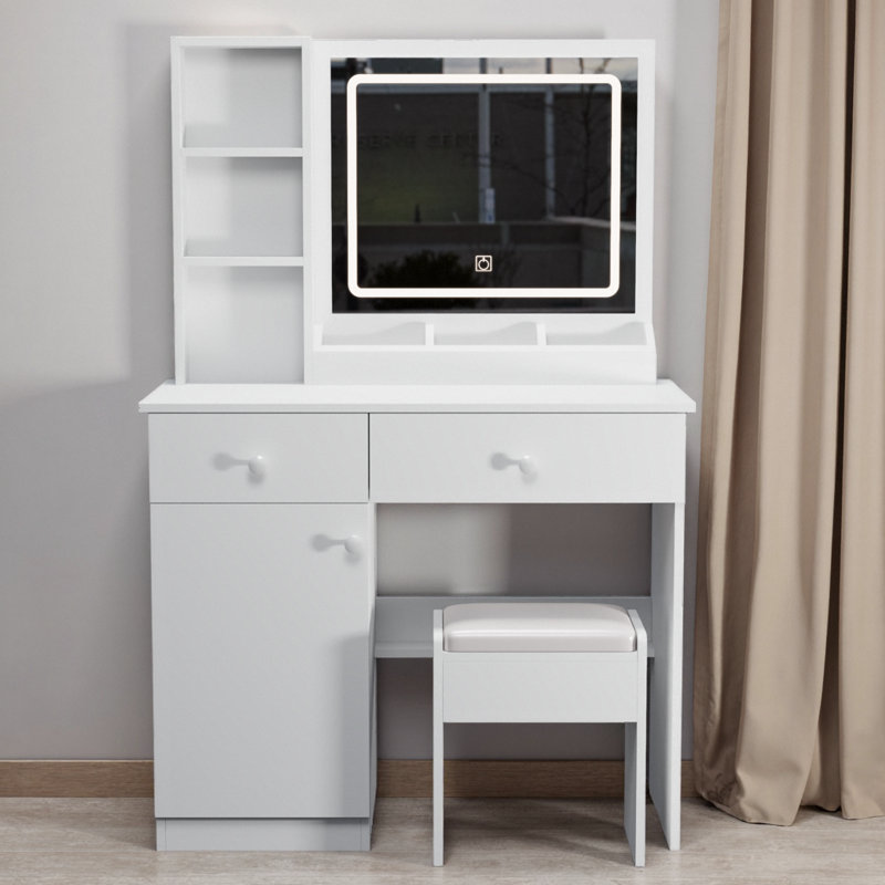 Bureau de coiffeuse Fashion avec miroir lumineux, 3 lumières DEL à intensité variable et 2 grands tiroirs