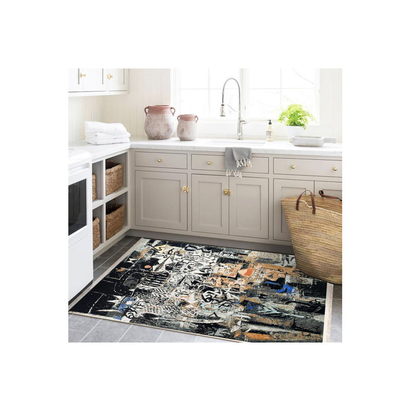 Tapis noir lavable à la machine à motif décoratif moderne de la collection Barcelona, Rectangle 3 pi 3 po x 4 pi 11 po