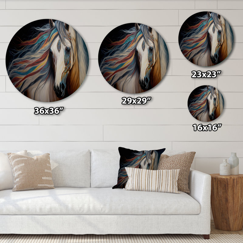 Cheval indien avec crinière colorée I - animaux, art en métal rond, H 29 po x l 29 po