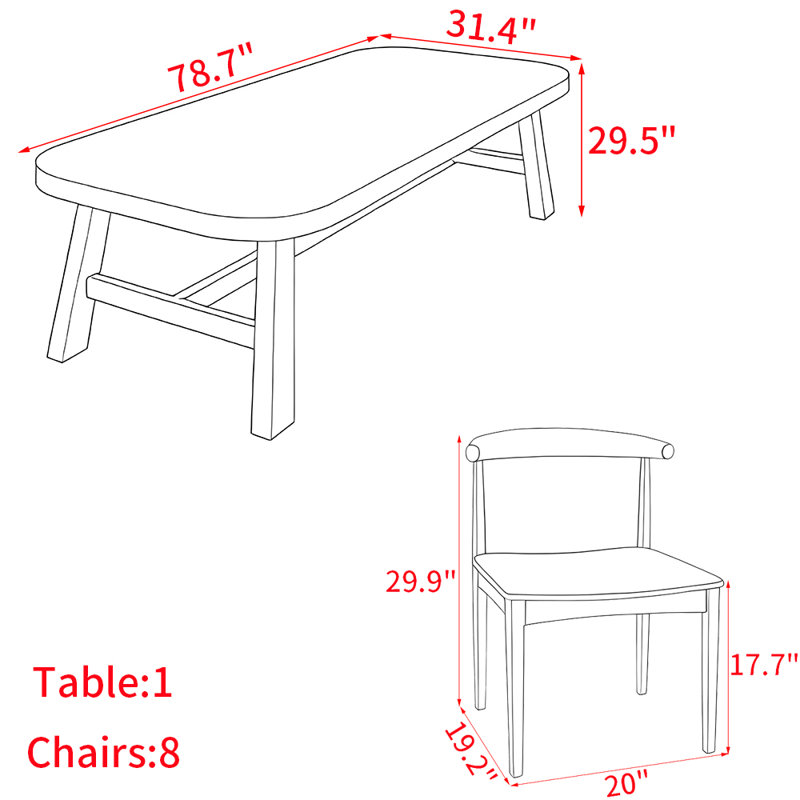 Ensemble de table de salle à manger en bois massif de style américain., H 29,5 po x L 78,7 po x l 31,4 po
