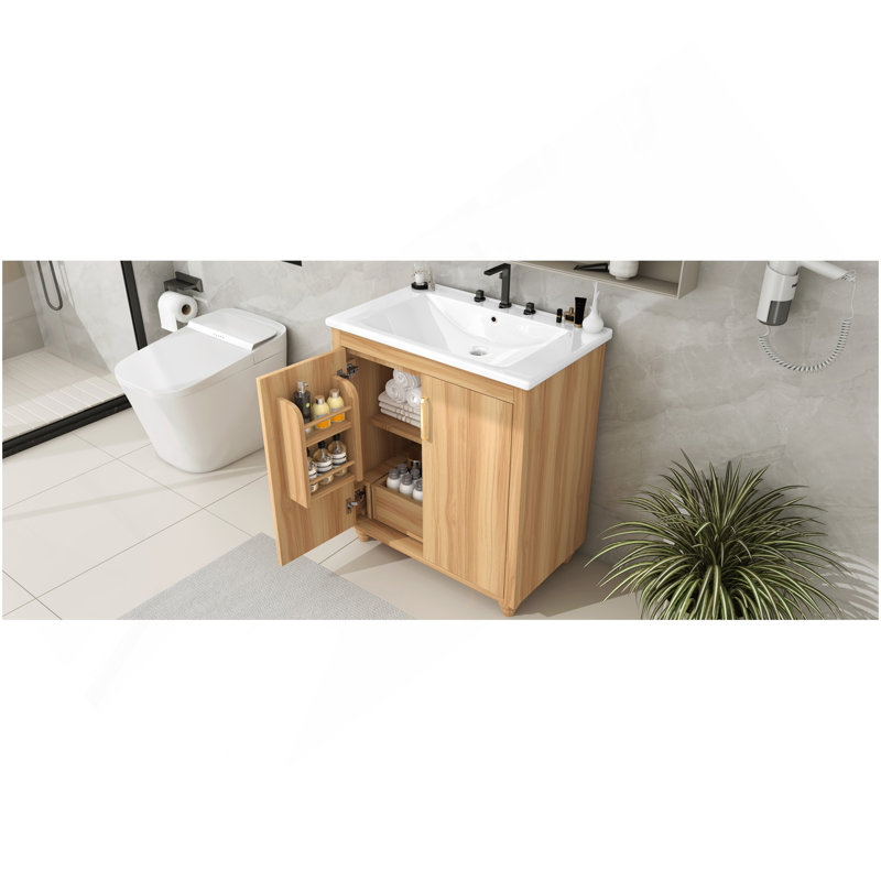30" Bathroom Vanity With Sink Combo, Multi-Functional Bathroom Cabinet With Doors And Drawer,  MDF Board, Natural(Old SKU:WF319484AAG)