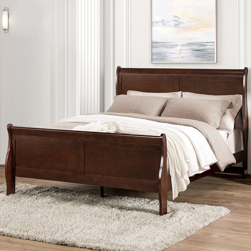 Wooden Bed With Sleigh Headboard In Dark Cherry, Queen