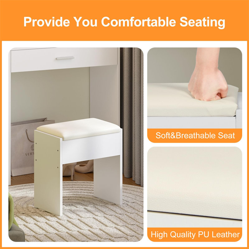 Dressing Table With Stool - 5 Shelves And 4 Drawers, Touch Screen Vanity Mirror With 3-Color Dimmable Light, White