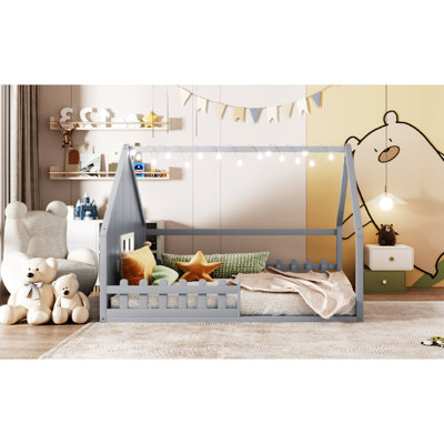 Full Size Wood House Bed In Gray - Construction With Pine & , Fence Window, Led , No Box Spring For A Serene Bedroom Area Size Solid And Fenced Relaxing Space