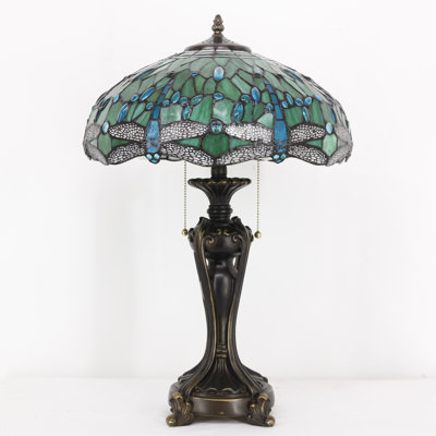 Tiffany Stained Glass Table Lamp 16X16X24 Inch Green Dragonfly Style Desk Bedroom Living Room Antique Reading Light