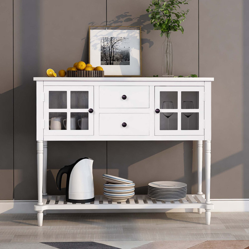 Farmhouse Wood & Glass Sideboard Console Table | Buffet with Bottom Shelf | Living Room Storage, White