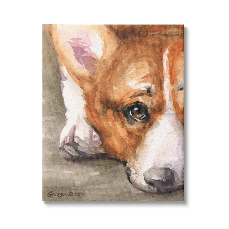 «Pleasant Corgi Puppy Dog Gazing Allongé» par George Dyachenko - Peinture rectangulaire sur toile
