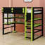 Élégant lit mezzanine en bois avec bureau intégré, support de rangement et lumière RVB-383990186-383990199