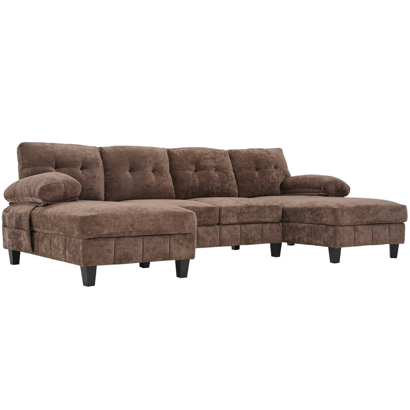 Cressida 103.5" U-Shaped Chenille Sectional Sofa with Dual Chaise Lounges, Storage Pockets, Brown