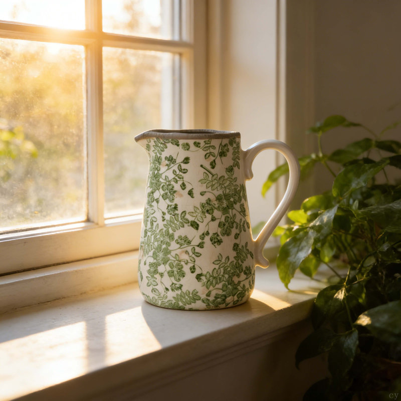 Vase en céramique blanc avec motif floral vert
