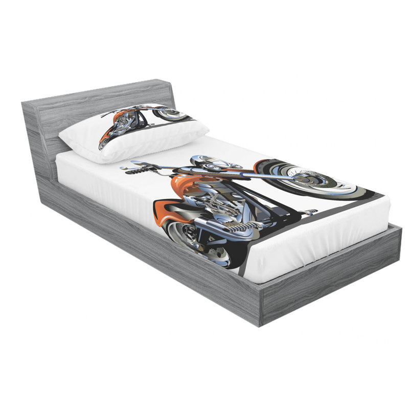 Twin White Microfiber Motorbike Print Bedding Set