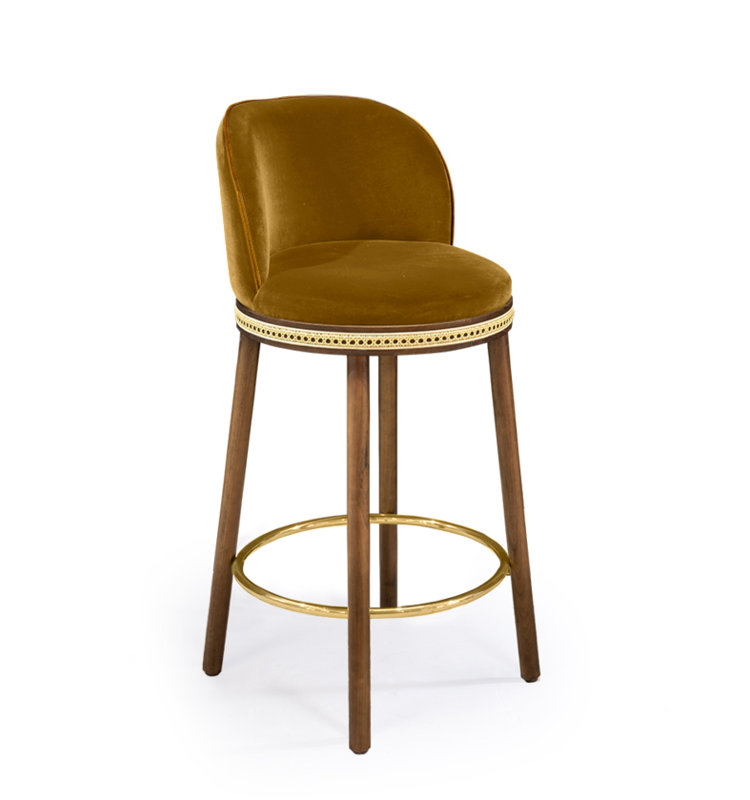 Alma Upholstered Stool with Solid Wood Frame, Bar Stool (30" Seat Height), Satin Brass, Dijon
