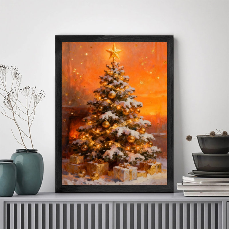 Reproduction d'art encadré noir, arbre de Noël et cadeaux d'hiver rétro, H 11 po x l 9 po