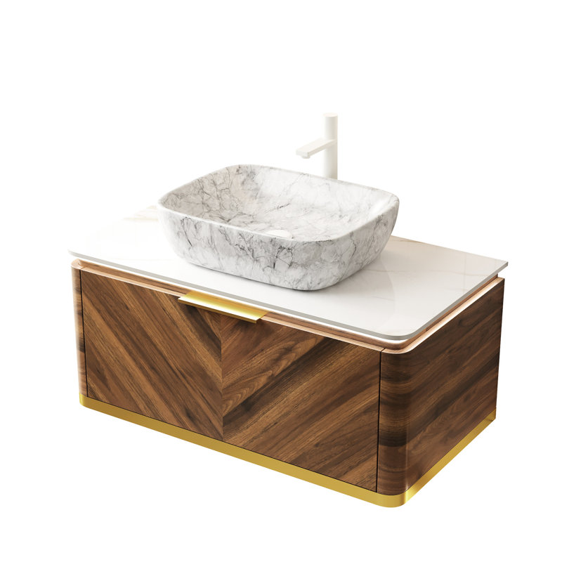 36" Bathroom Vanity With Floating Storage, Marble Pattern Ceramic Vessel Basin, Sintered Stone Counter, Dark Walnut Color, Soft Close Drawer, Easy Assembly, Cabinet , Sensor , To Install, Sink