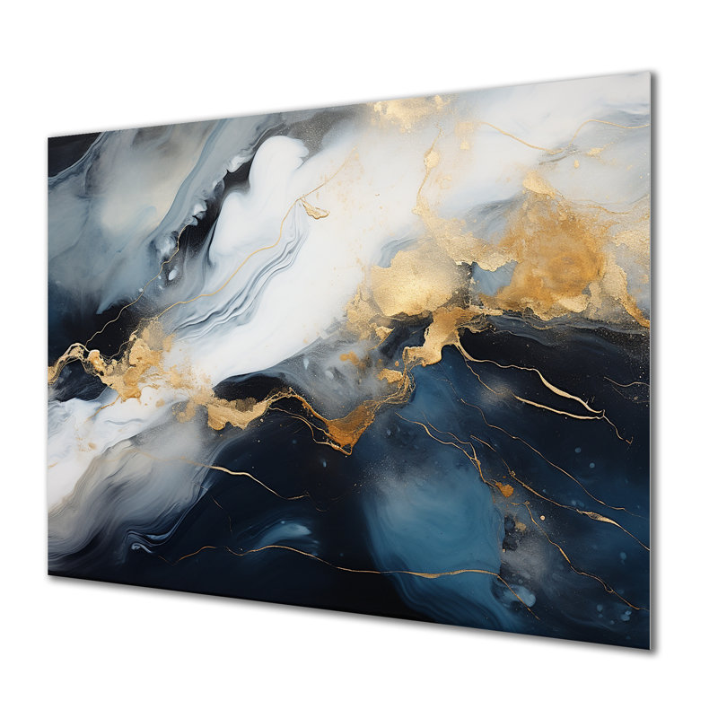Encre de marbre abstraite dorée et bleue I - décoration murale en marbre, H 12 po x l 20 po x P 1 po