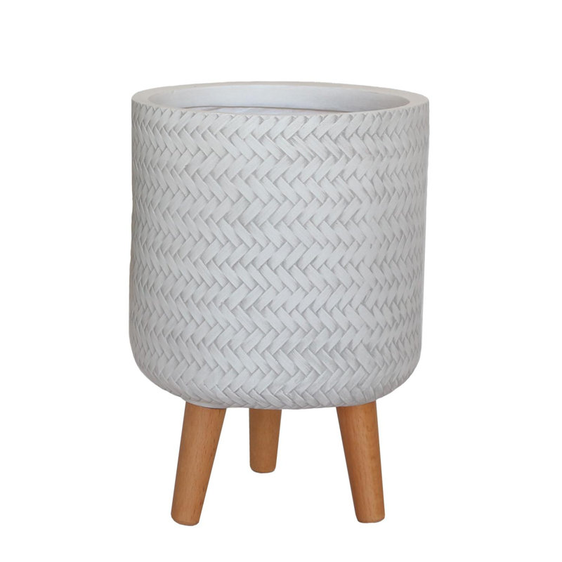 Plaited Style Cylinder Round Planter with Feet, 35cm H x 24cm W x 24cm D, White