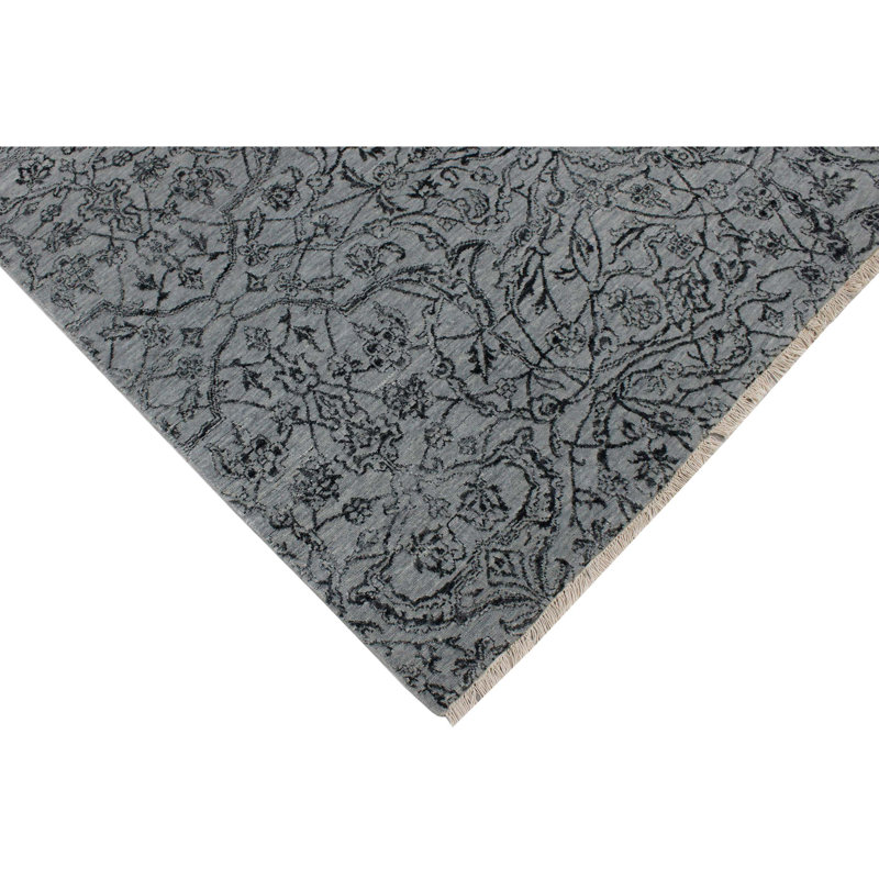 Hand Knotted Damask Area Rug in Charcoal/Blue, Rectangle 8' x 10'
