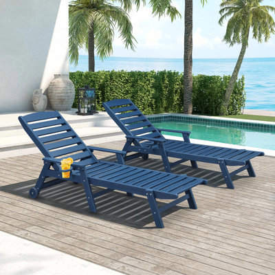 Seehill HDPE Outdoor Chaise Lounge Set Of 2, 6-Position Adjustable Outdoor Lounger With Wheels & Cup Holder, Poly Lounge Chairs, HDPE Patio Lounge Chairs For Deck, Backyard, Poolside