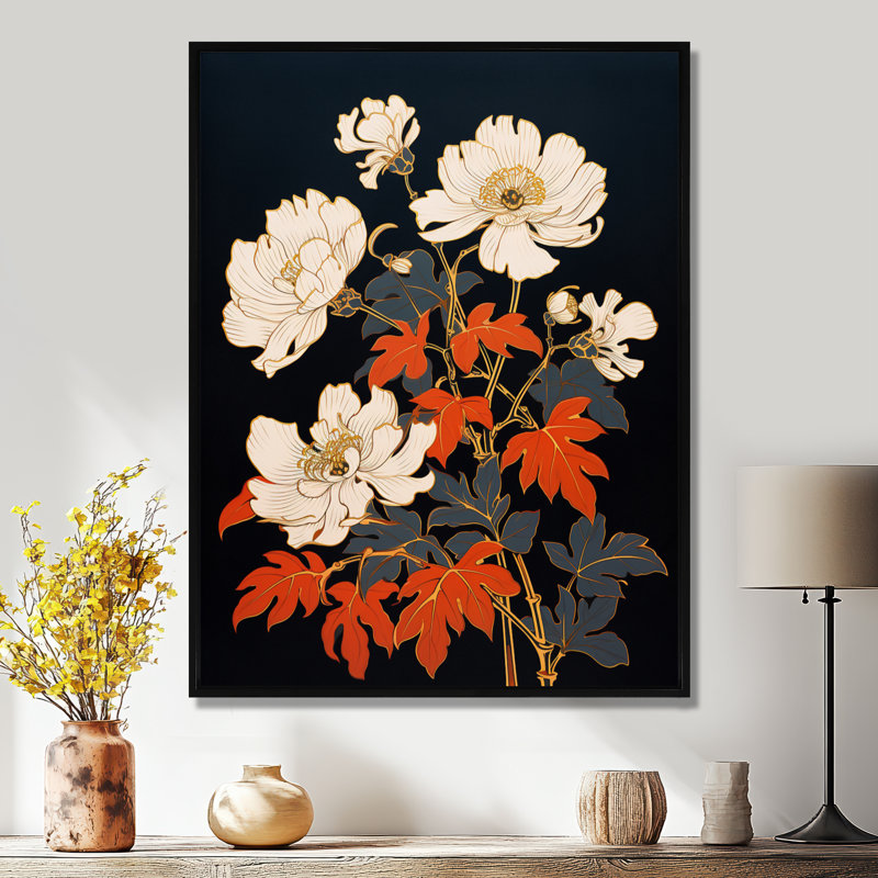 Illustration rétro de pivoines blanches - pivoines, Cadre flottant noir, bois massif, H 20 po x l 12 po
