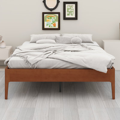 Contemporary Wood Platform Bed Frame with Wooden Slats and Metal Support