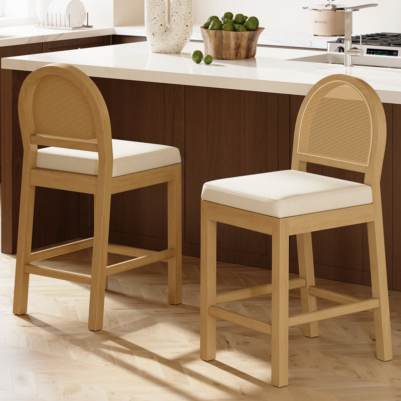 Tabourets de bar en bois avec dossier en rotin naturel (ensemble de 2), Blanc / velours
