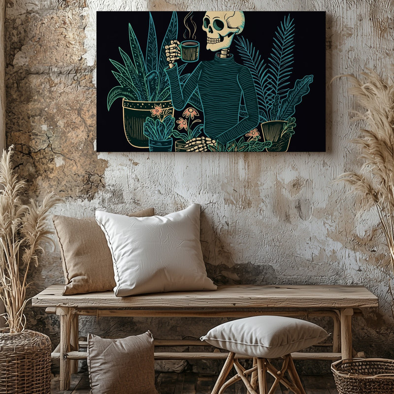 Toile, une scène fantaisiste mettant en vedette un squelette stylisé tenant une tasse d'art café fumant entourée de plantes vertes luxuriantes