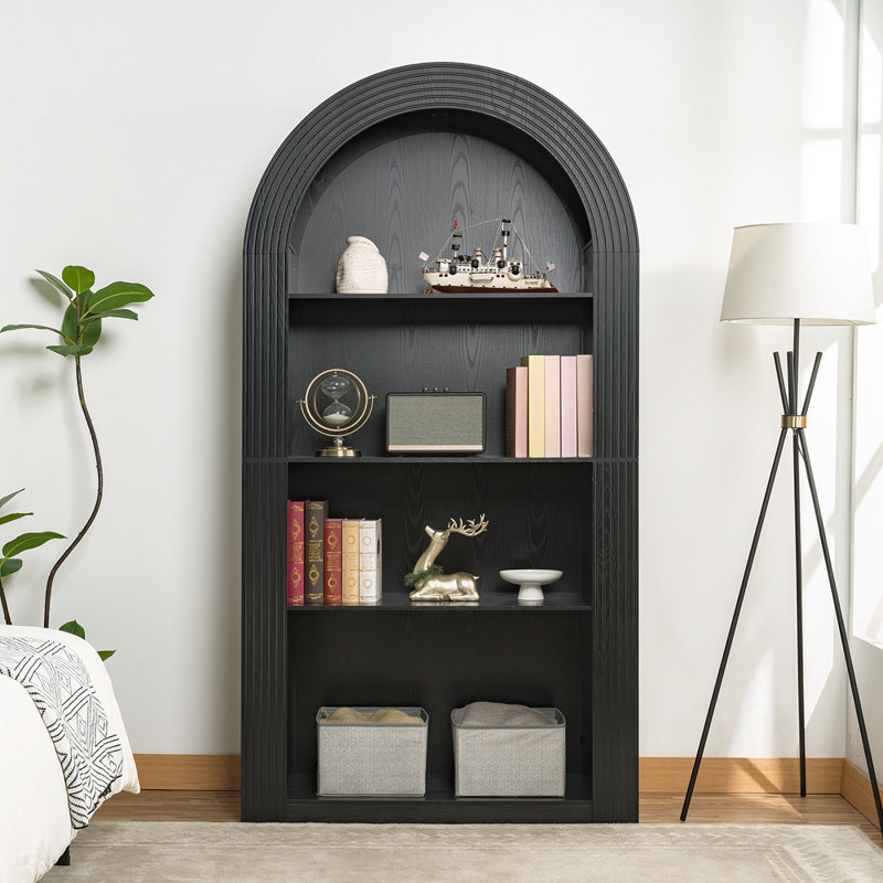 Tall Arched Bookcase, Mid Century Modern 4-Tier Storage with Open Shelves for Elegant Home Decor and Organization, Black