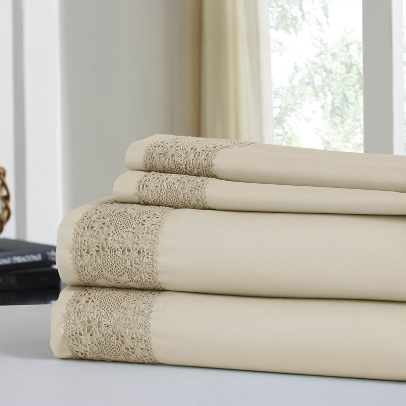  Ensemble de draps en mélange de coton Rich Lace Hem, Amande, Ensemble de draps pour grand lit + un drap-housse 