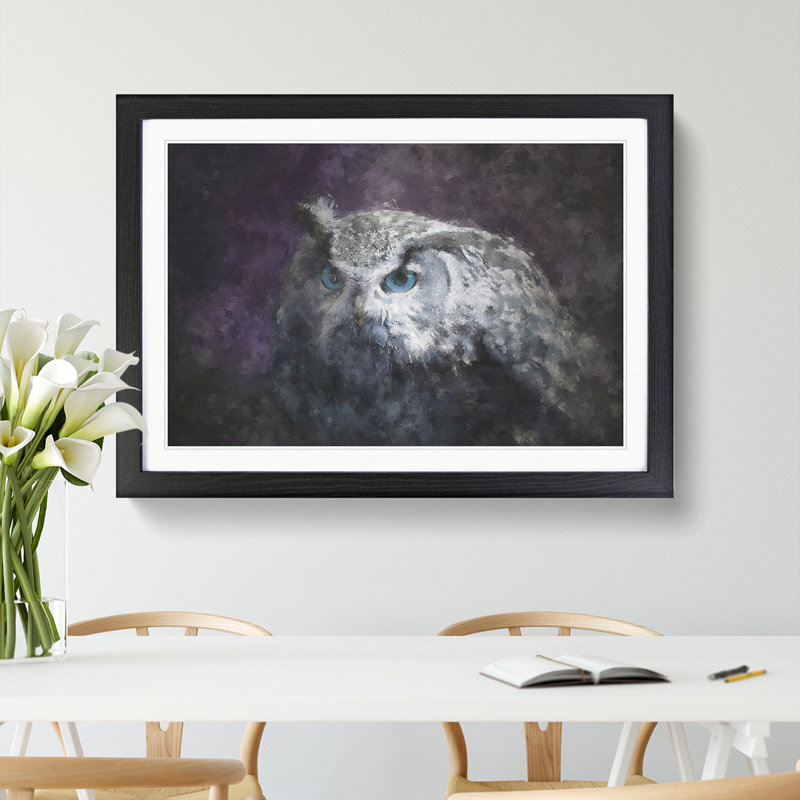 Blue Eyed Eurasian Eagle Owl Painting - Single Picture Frame Print on MDF, 24cm H x 33cm W x 2cm D, Black