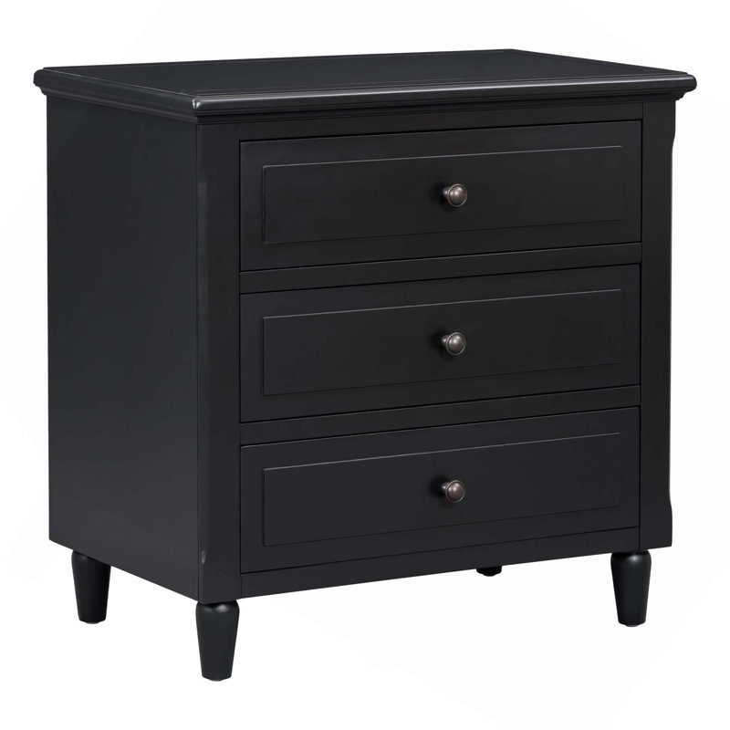 Pine Wood Nightstand With 3 Spacious Drawers, Smooth Gliding Rails And Metal Handles For Organized Storage, Black