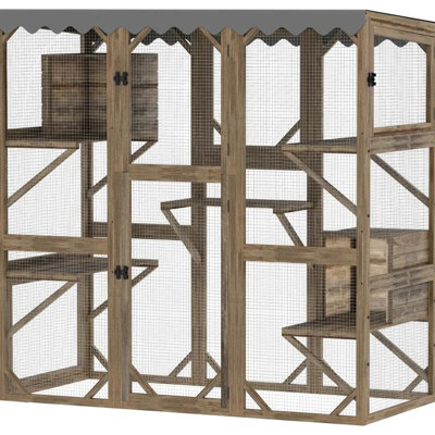 Enceinte pour chats pour chat, conception à plusieurs niveaux, système à quatre portes à extension facile, cinq plateformes, deux boîtes, bois massif et filet galvanisé, bâche imperméable