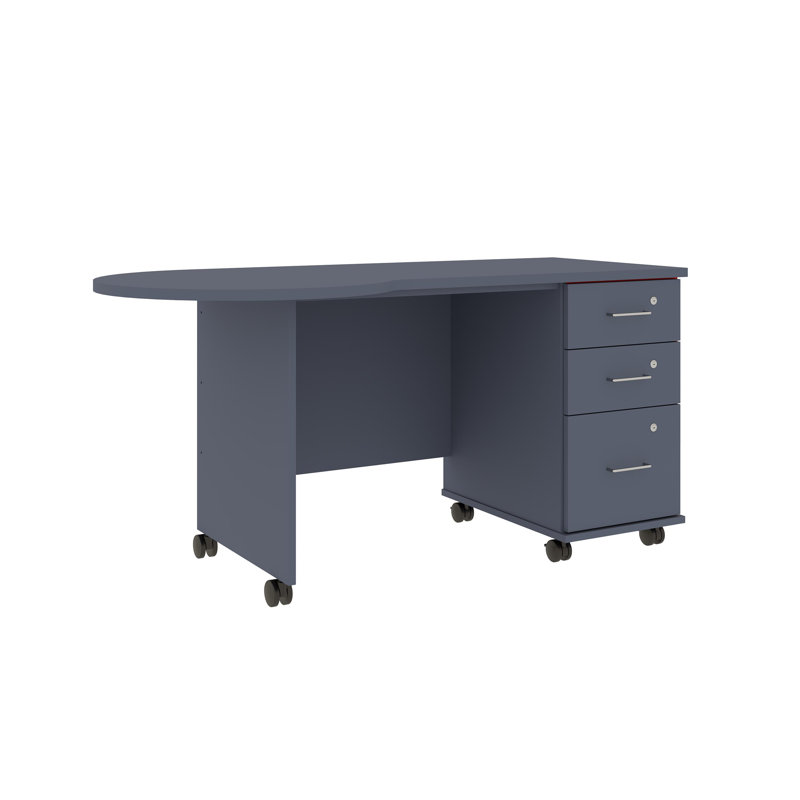 Bureau mobile avec plateau de péninsule et tiroirs de rangement verrouillables - poste de travail roulant, Tsunami