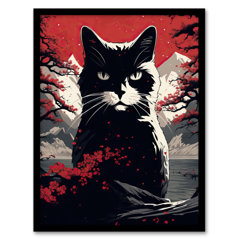 Ukiyo Japanese Black Cat Red Black White Modern Artwork 1 Piece Single Picture Frame Wall Art
