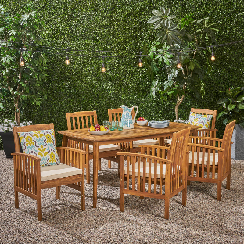 Figgs 6 - Person Acacia Wood Patio Dining Set with Rectangular Table , Cushions Included
