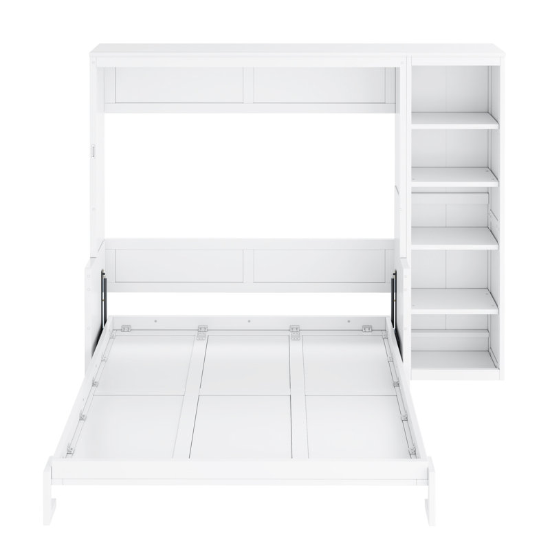 Queen Size Bed In White With Desk And Bookcase Design, Pine Structure, No Spring Box Required Setup, Composition, Needed