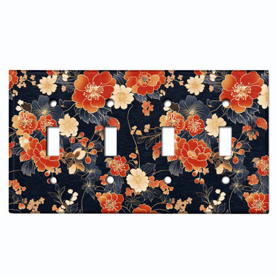 Metal Light Switch Plate Cover; US Standard Size 4 Gang Toggle - Traditional Japanese Flowers