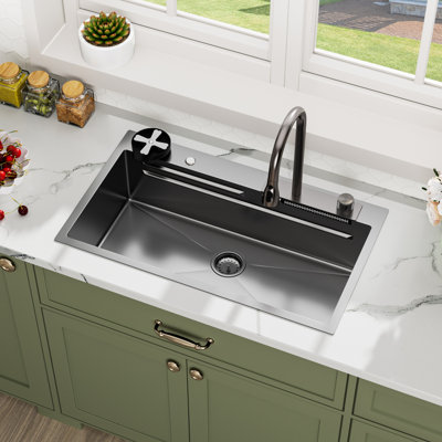 33"L x 19"W Drop-in Workstation Single Bowl Kitchen Sink 16 Gauge Stainless Steel Kitchen Sink With Waterfall& Pulling Faucet And Glass Rinser