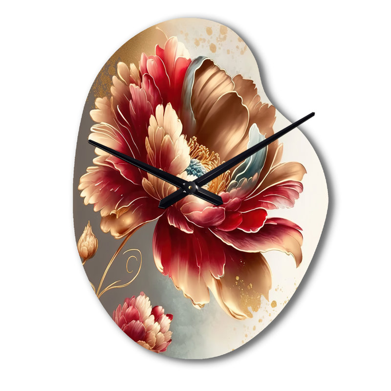 Bold Red Floral Design I - horloge asymétrique traditionnelle en métal, impression d'horloge murale de forme unique, Petit