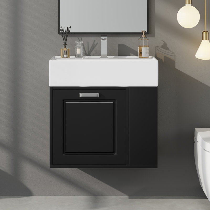 Meuble-lavabo mural 21,8 po avec lavabo, tiroir et tablette réglable, Noir