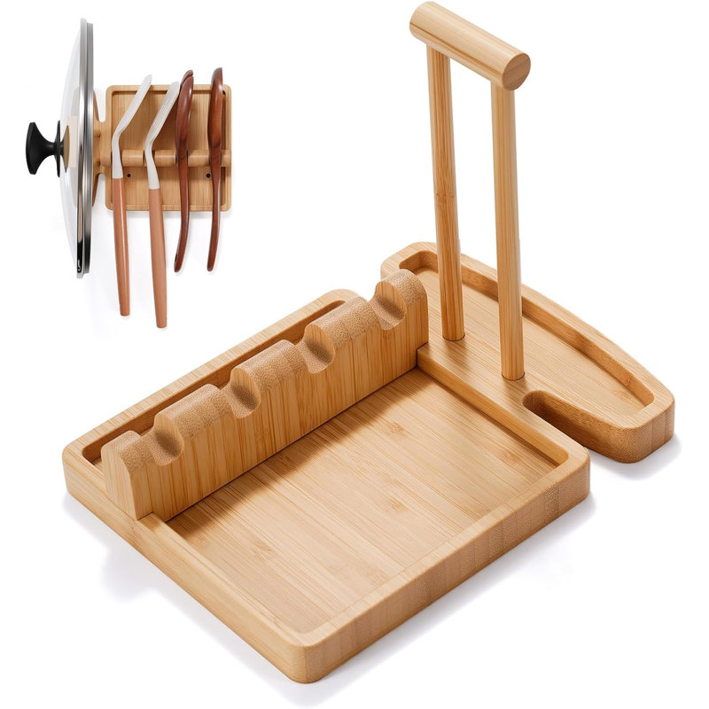 Bamboo Spoon Rest ，Pot Lid Holder for Stove Top, 2-in-1 Spatula Rest and Kitchen Utensil Organizer, Countertop Spoon Holder for Cooking Spoons
