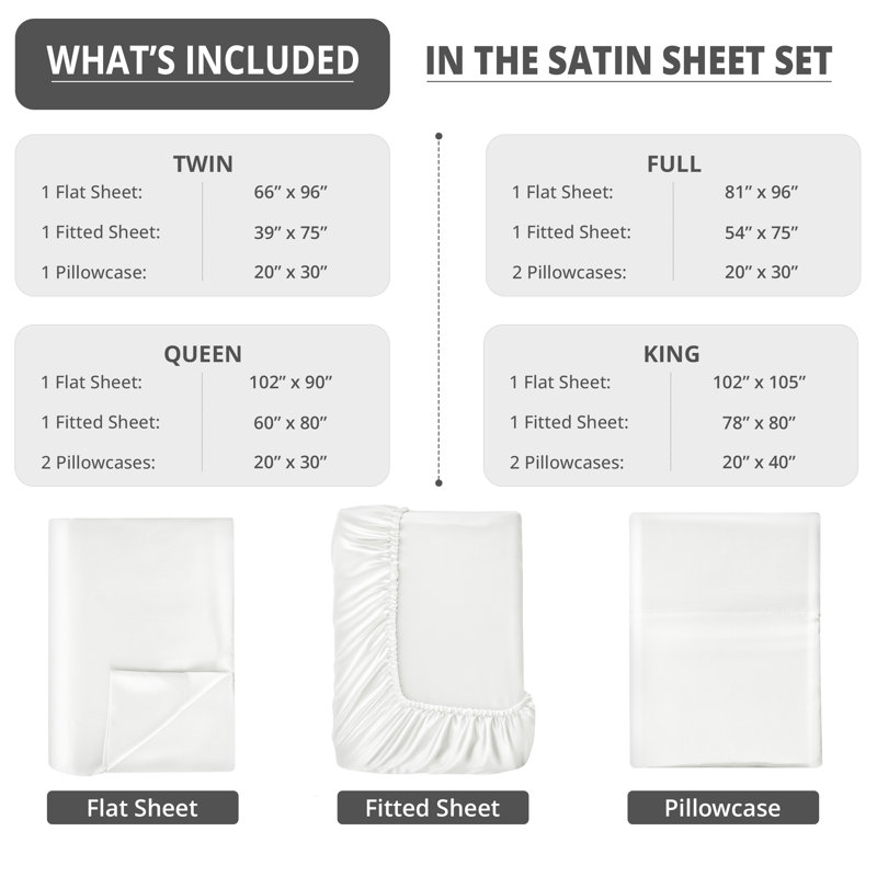 Drap-housse luxueux 4 pièces Lux Satin, Ensemble de draps pour très grand lit avec 2 taie, Blanc