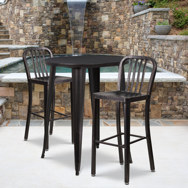 Drumfane 30'' Round Metal Indoor-Outdoor Bar Table Set with 2 Vertical Slat Back Stools, Black/Antique Gold