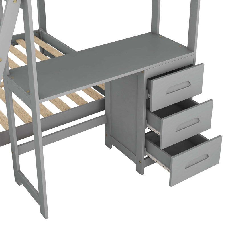Lit superposé simple au dessus d'un lit double avec bureau intégré et trois tiroirs, gris