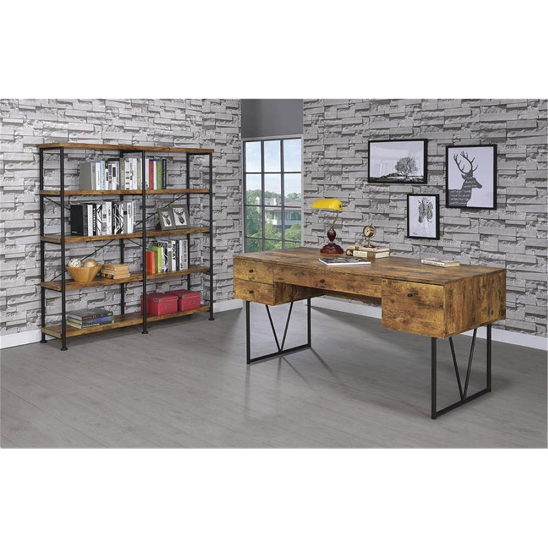 Lund 3 Piece Writing Desk Office Set with Bookcase, Antique Nutmeg