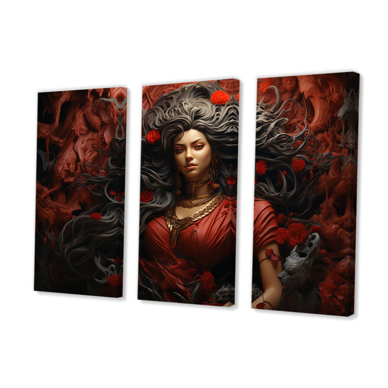 «Hindu Woman», Durgas Crimson Courage - ensemble d'art mural de l'hindouisme, Toile tendue, H 40 po x l 60 po
