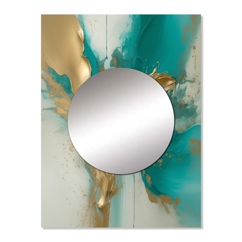 Marbre doré et turquoise Jatavis Fuild Ink II - miroir en marbre, miroir mural décoratif doré, impression d'art en métal